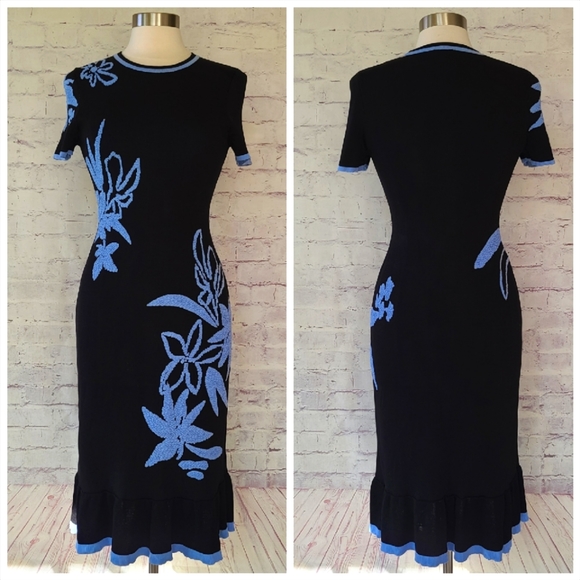 Shoshanna Dresses & Skirts - Shoshanna Leah Floral Jacquard Knit Short Sleeve Sheath Dress Black Blue Medium